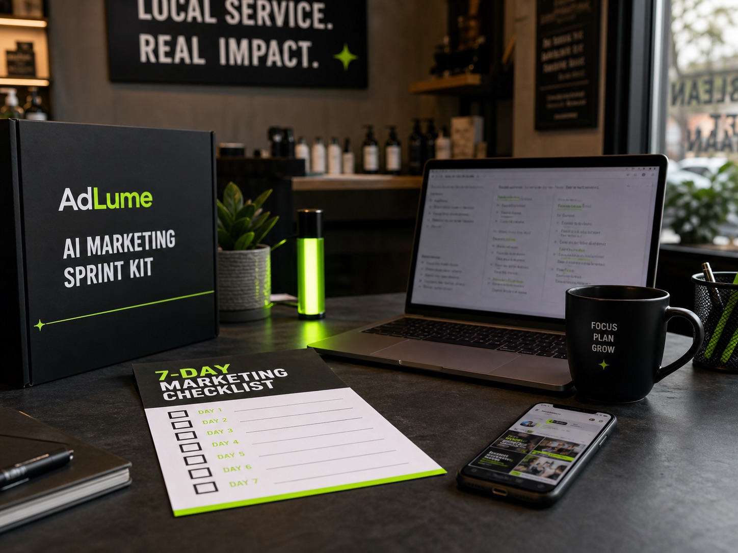 AI Marketing Sprint Kit worksheet, box and laptop on a small business desk